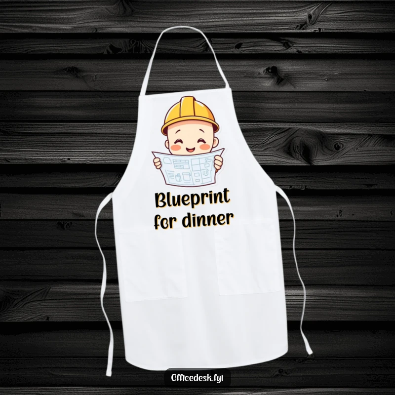 Funny construction worker apron, smiling, hard hat, holding blueprint, ready to work, funny gift.