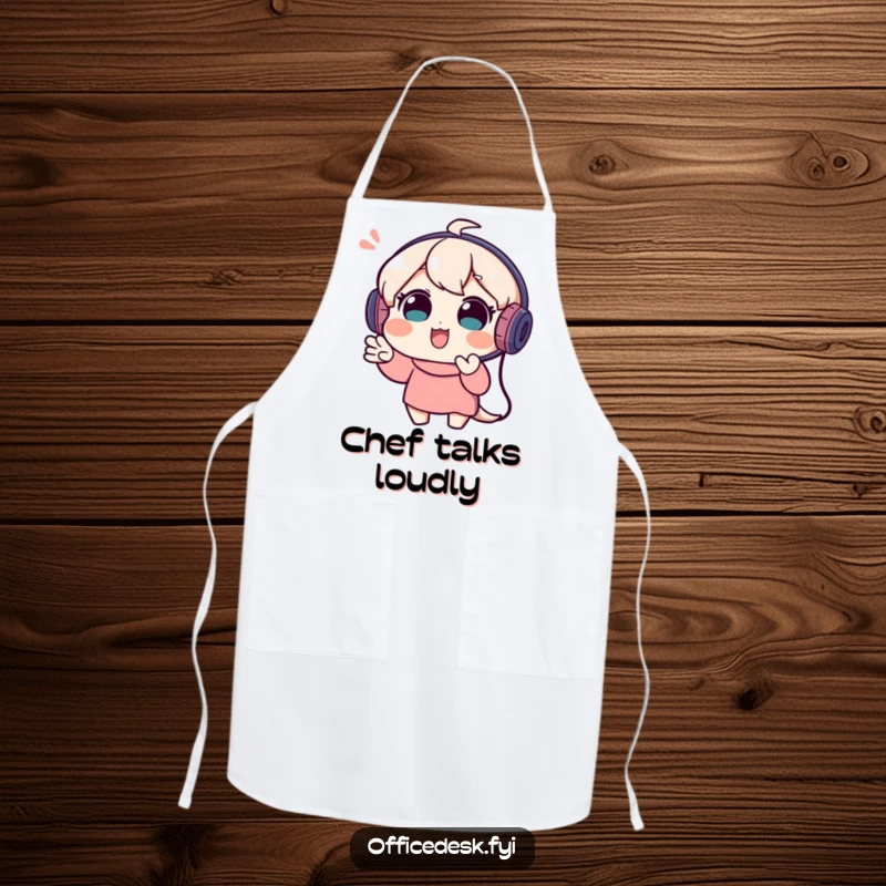 Funny apron featuring a playful character in a headset, enthusiastically gesturing during a video call, ideal for cooks.