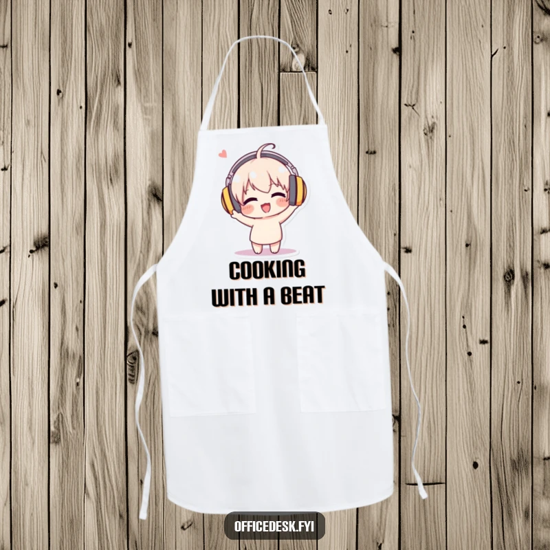 Funny apron showing a character wearing large headphones, enthusiastically bobbing its head, ready to cook to a beat.