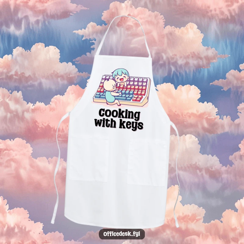 Funny Apron: A small character joyfully typing on an oversized keyboard, symbolizing the creation of digital content.