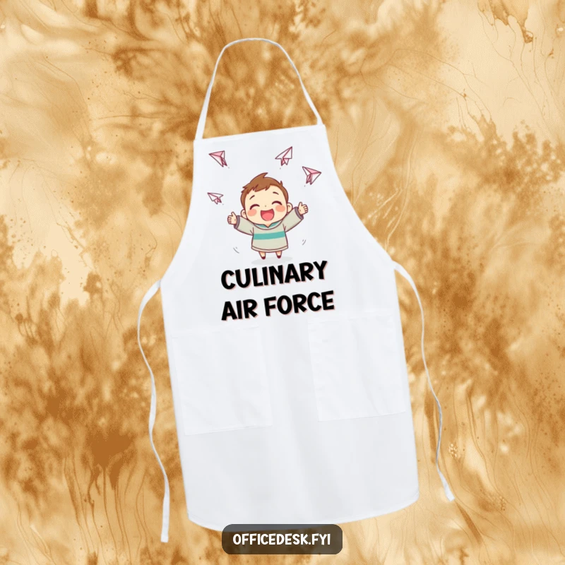 Funny Paper Airplane Apron: Cheerful character making paper airplanes that soar erratically, ideal funny gift.