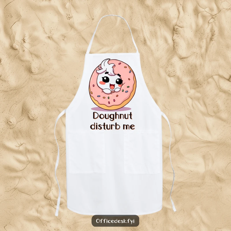 Funny Apron: A cute character with a goofy grin enthusiastically eating a very large, tempting donut, kitchen fun.