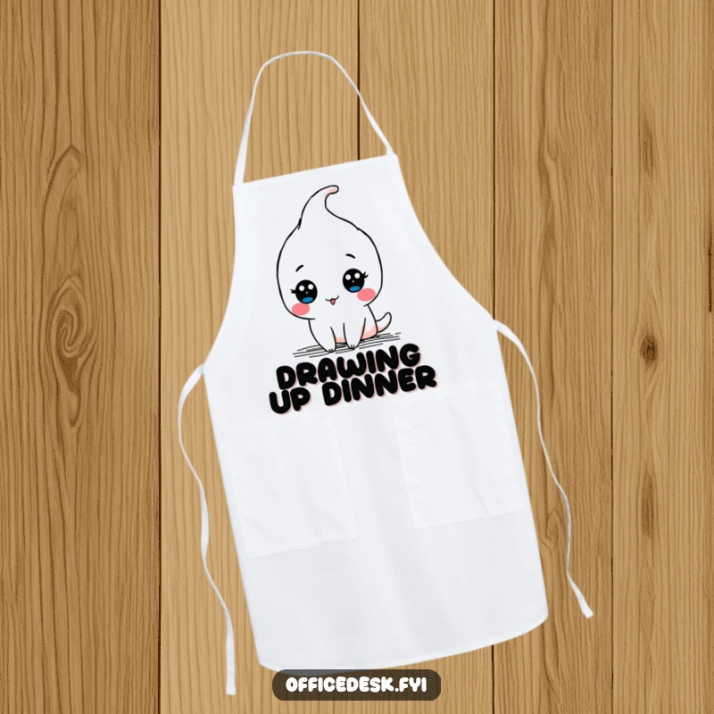 Funny apron depicting a kawaii pen character drawing a doodle with a flourish, bringing artistic flair to the kitchen.