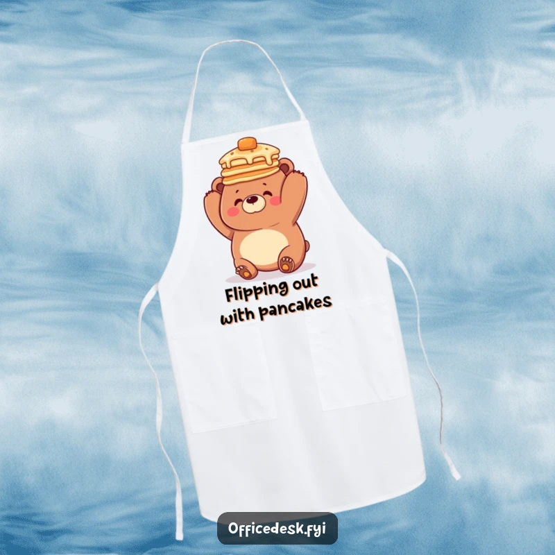 Funny apron showing a clumsy bear humorously balancing a stack of pancakes on its head, ready for kitchen chaos and culinary mishaps.