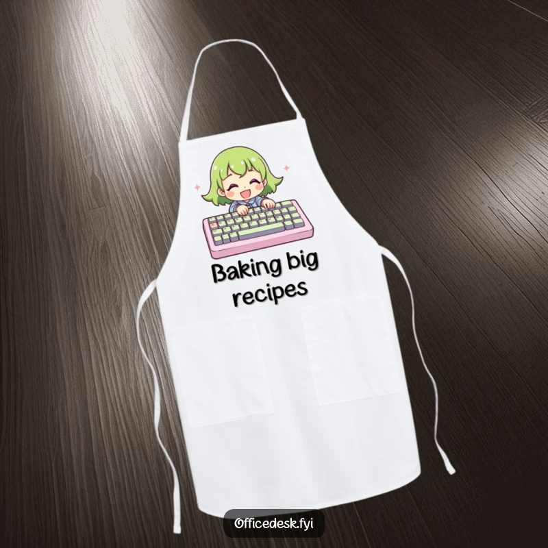 Funny Apron: A character typing on an oversized keyboard, a humorous kitchen accessory for tech enthusiasts.