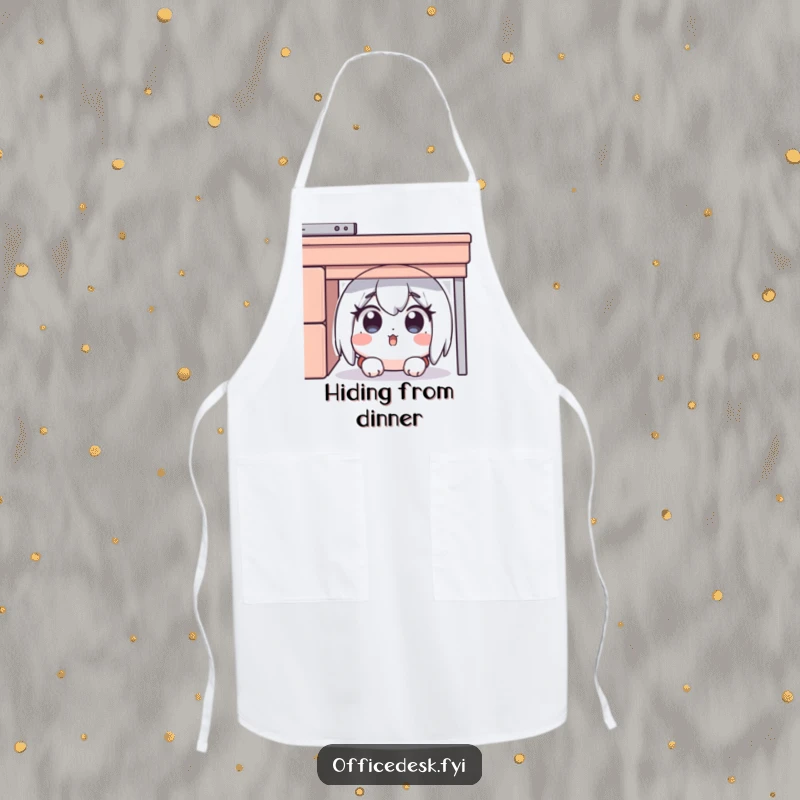 Funny apron showing a surprised character hiding under a desk, eyes wide with comical culinary stress, great for a funny gift.