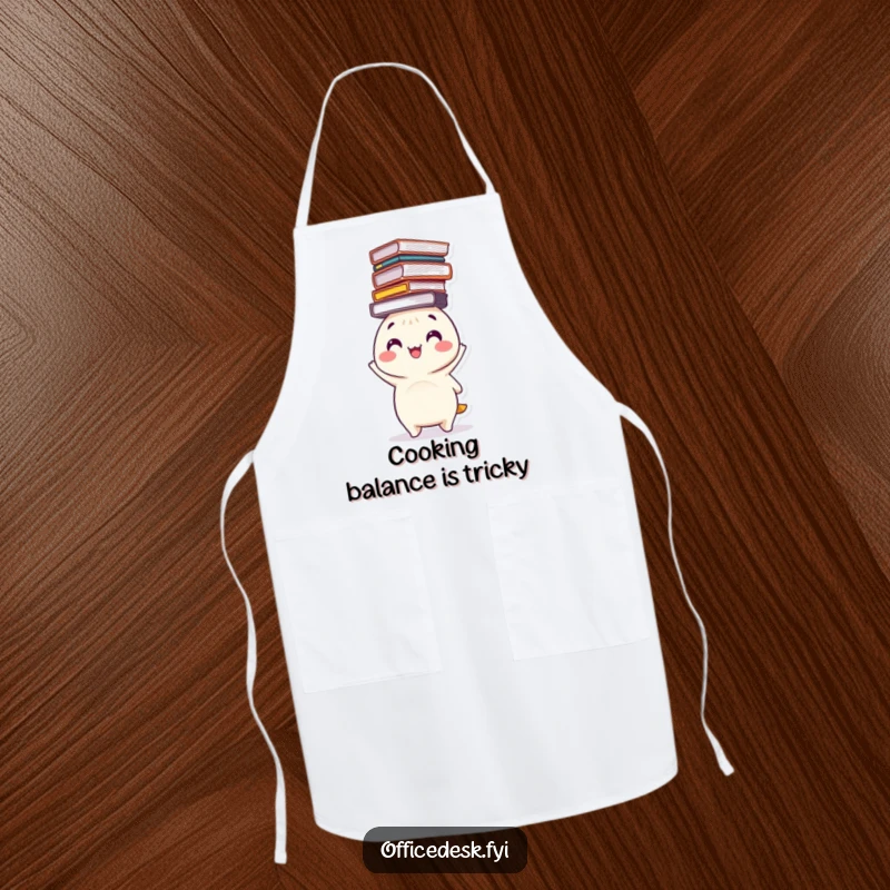 Funny apron showing a happy character balancing a precarious stack of files on its head, perfect for humorous kitchen tasks.