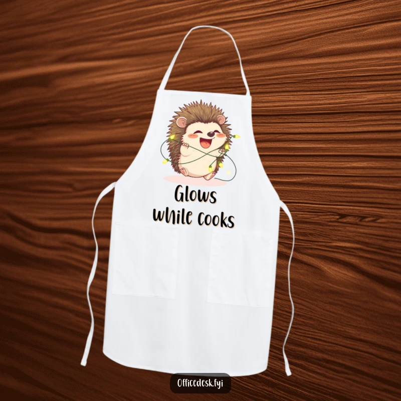 Funny hedgehog apron, a hedgehog is hilariously caught in a tangled string of bright fairy lights, festive and practical.