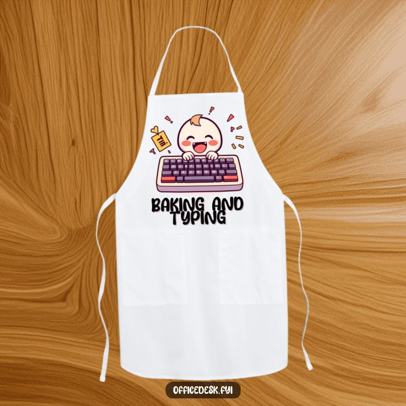 Funny Apron: A tiny keyboard character cheerfully typing a jumbled but happy message, bringing joyful, humorous vibes to the kitchen.
