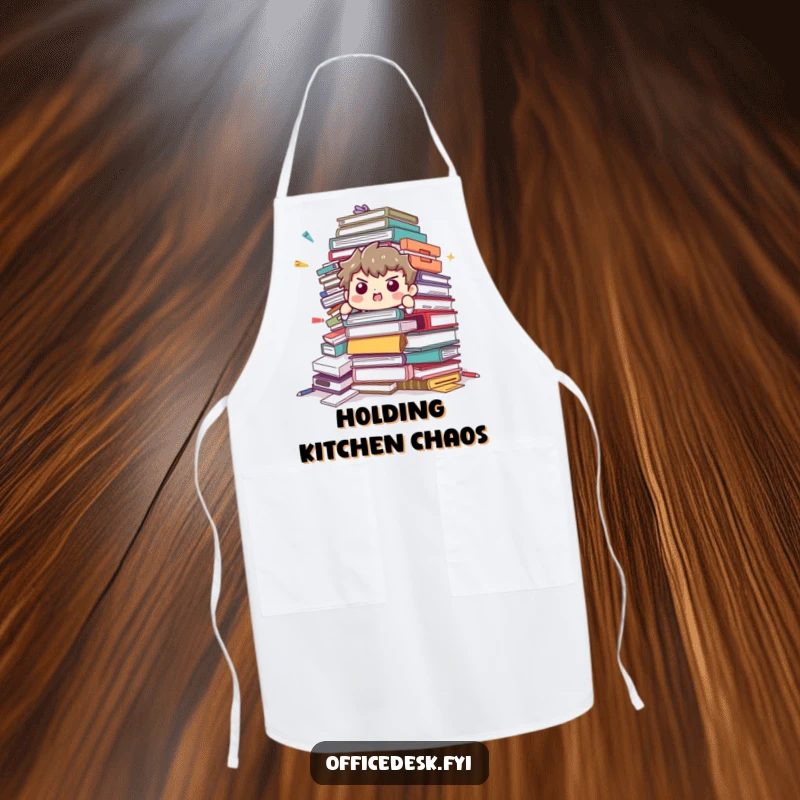 Funny Apron: Determined character trying to support a tumbling pile of office supplies, adding humor to kitchen duties.
