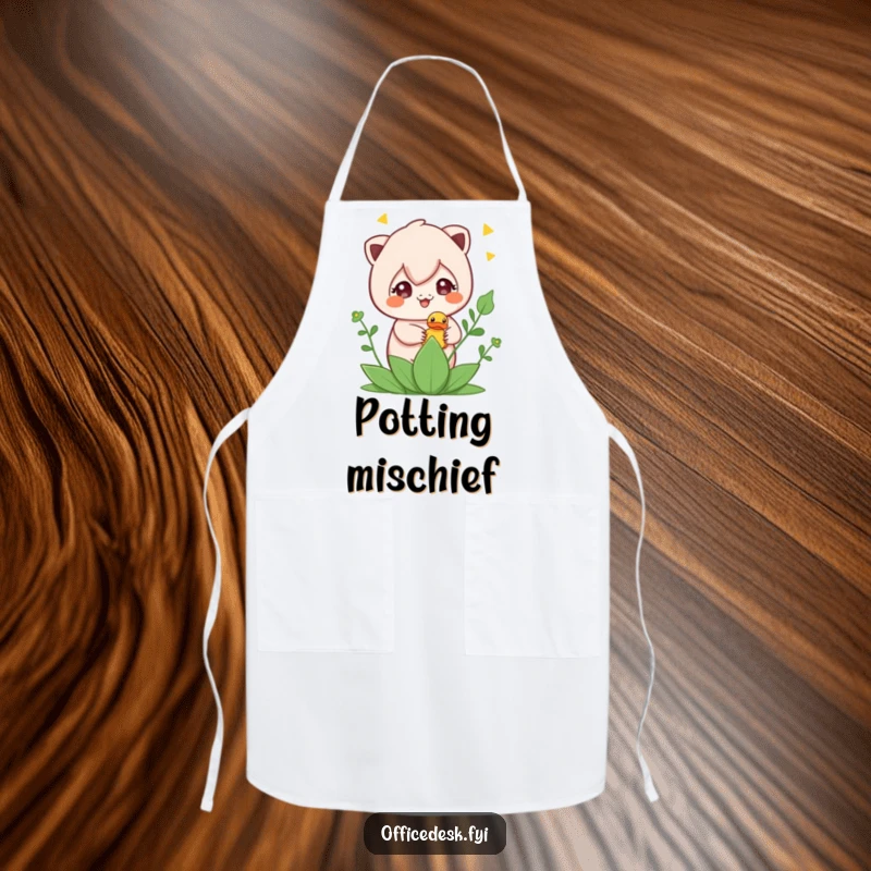 Funny apron featuring a cute character hiding a rubber ducky in a plant, ideal for kitchen fun and playful chefs.