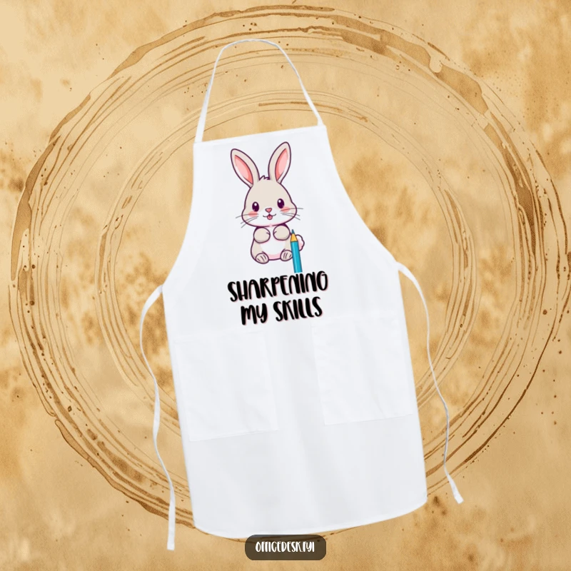 Funny apron with a focused rabbit sharpening pencils with extreme precision, a symbol of meticulous artistic effort.