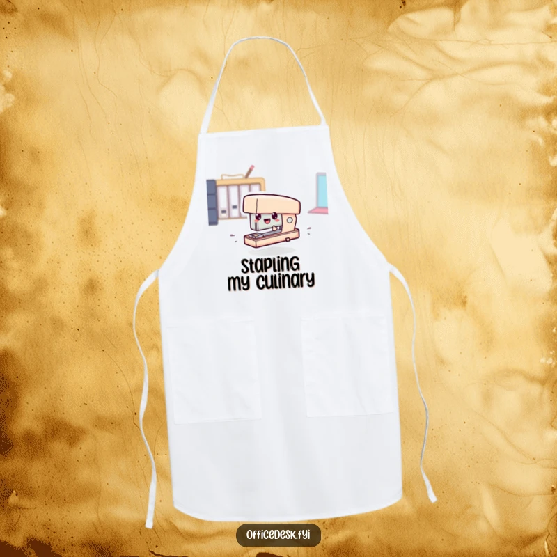 Funny apron showcasing a tiny stapler character comically zipping with purpose, ideal for a fast-paced kitchen.
