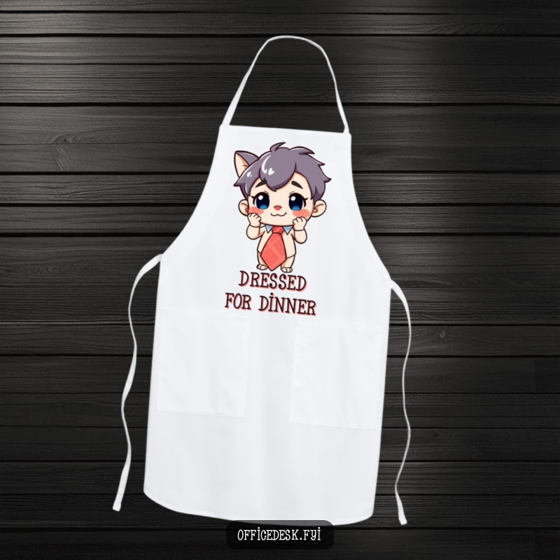 Funny Character Apron: A curious character with a grin, adjusting a large, whimsical tie, adding humorous kitchen style.