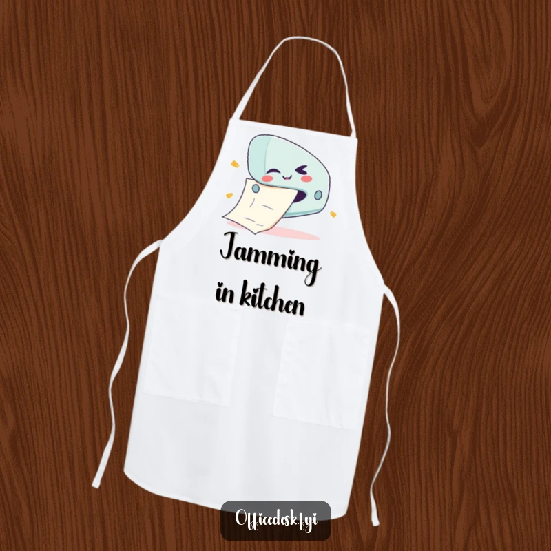 Funny apron depicting a cute stapler character with a mischievous wink, jamming a giant paper.