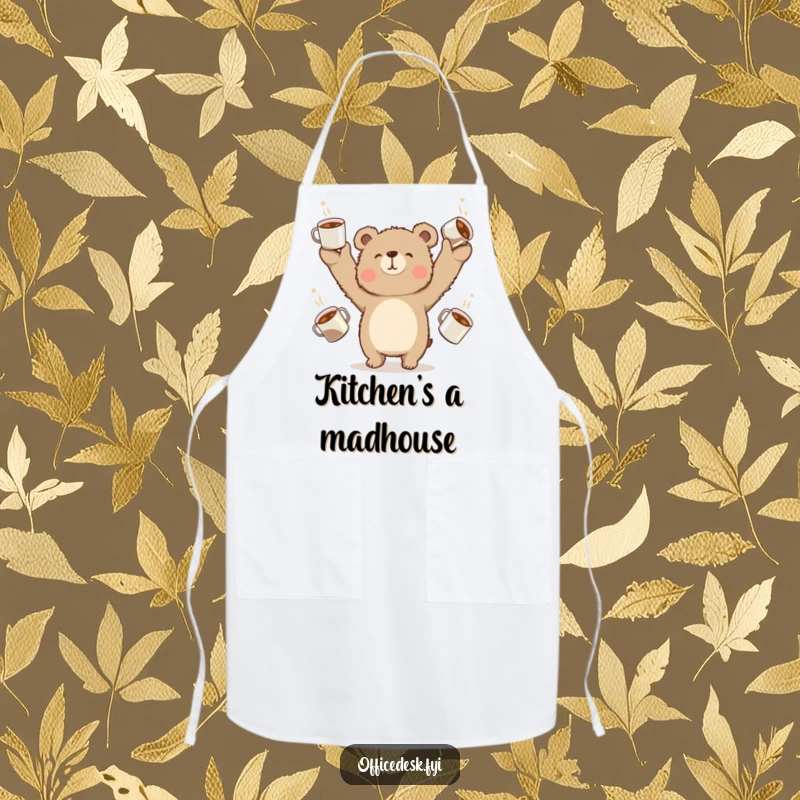Funny bear juggling overflowing coffee cups, durable apron for kitchen chaos and humor.