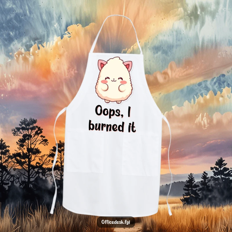 Funny apron depicting a fluffy eraser character with rosy cheeks, blushing while cooking.