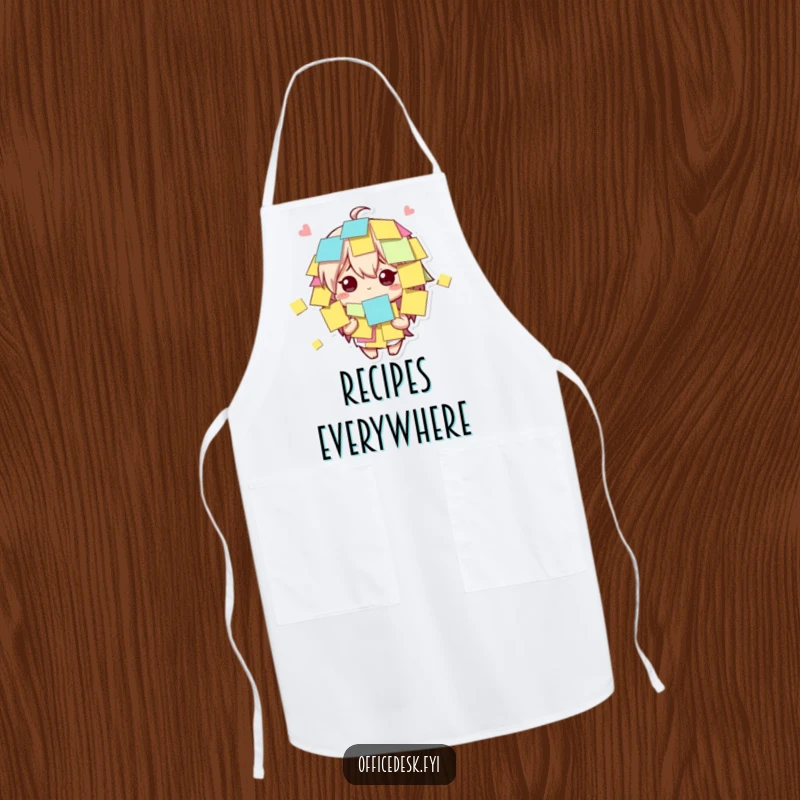 Funny cute character covered in sticky notes, looking bewildered yet amused on a kitchen apron for humorous cooking.
