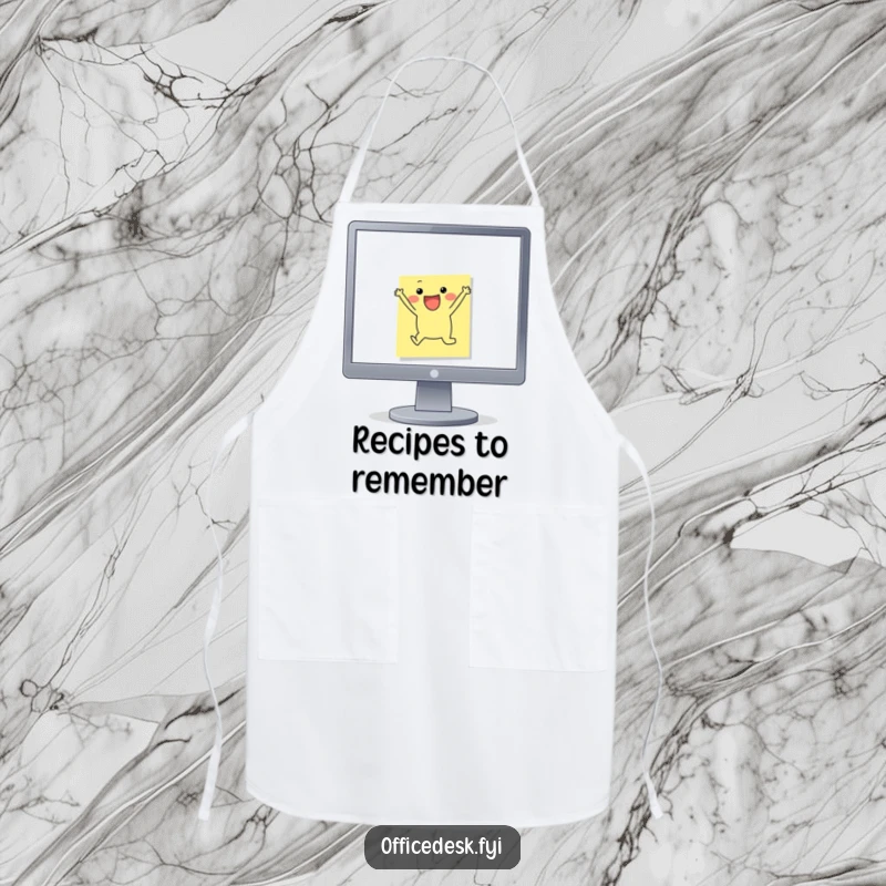 Funny Apron: A sticky note character joyfully leaping off a monitor while 'working', bringing cheerful, motivational vibes to the kitchen.