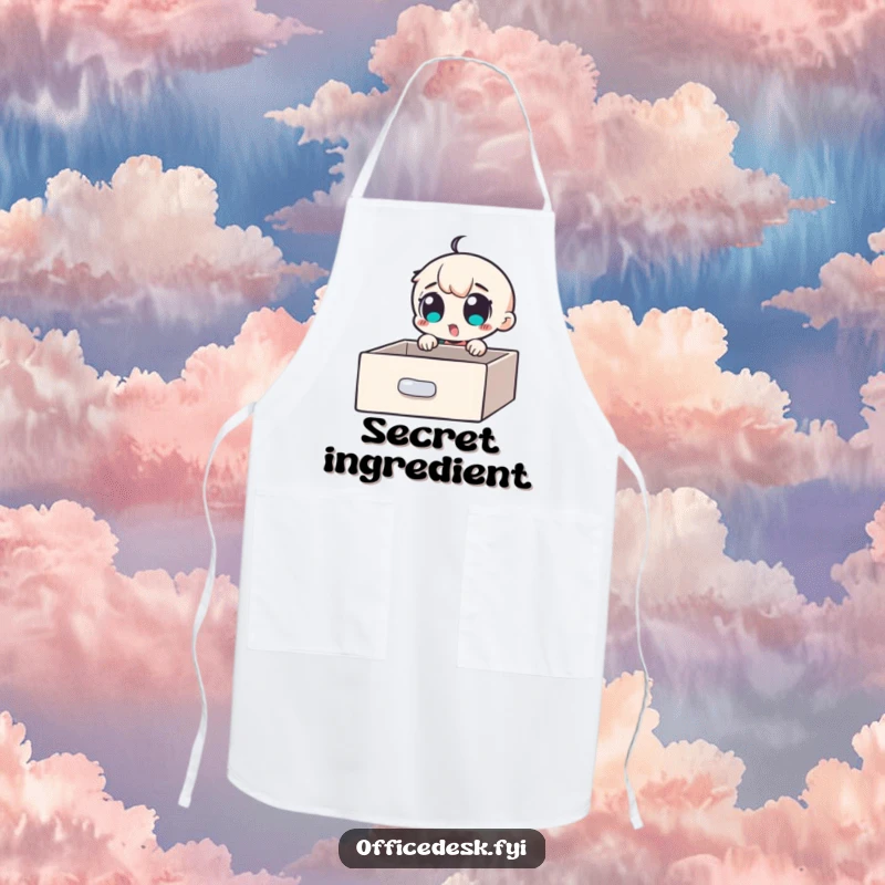 Funny Apron: A small character with wide, excited eyes discovering a secret compartment in a desk drawer, representing hidden potential.