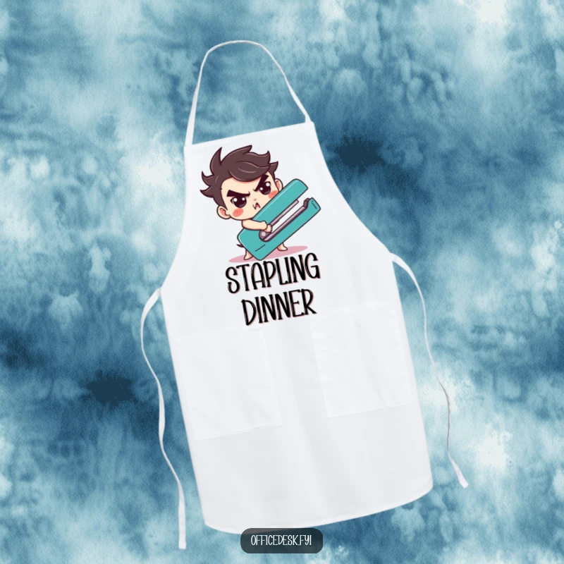 Funny character determinedly wrestling a giant stapler on a humorous kitchen apron, ready for any challenge.