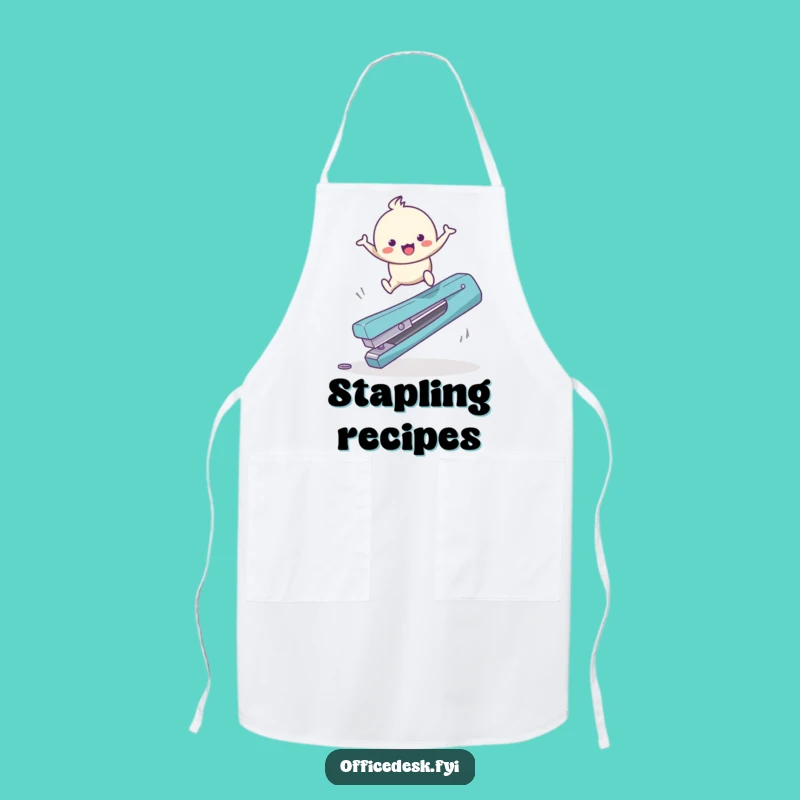 Funny Staple Surfer Apron: Happy Character Leaping Stapler, Whimsical Funny Gift