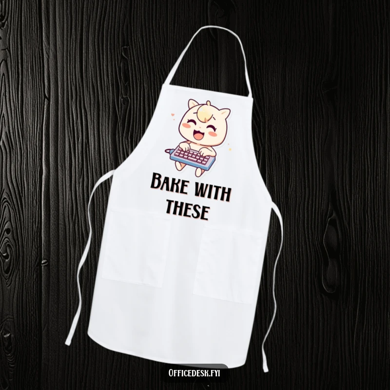 Funny apron with a cheerful character typing on a miniature keyboard, bringing humor and fun to cooking, perfect for a funny gift.