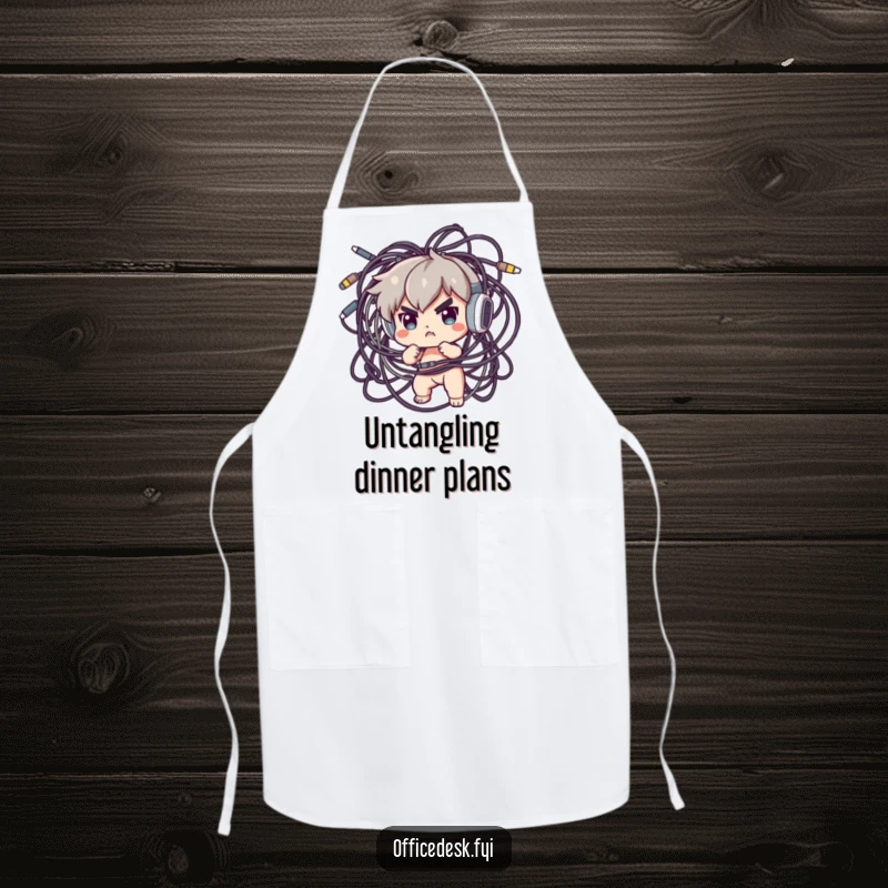 Funny Apron: A determined character heroically wrangling a massive, chaotic tangle of wires, symbolizing organization in a humorous way.