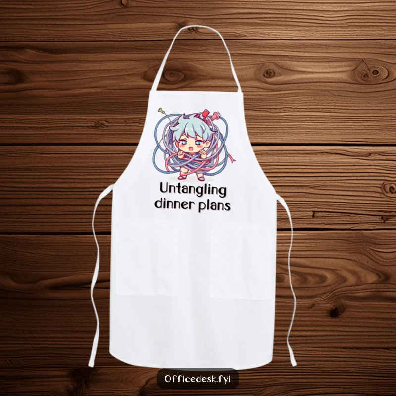 Funny Character Apron: A determined character untangling a giant knot of cables, adding humorous flair to cooking.