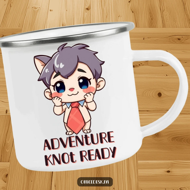 Funny Character Camping Mug: A curious character with a grin, adjusting a large, whimsical tie, ready for adventures.