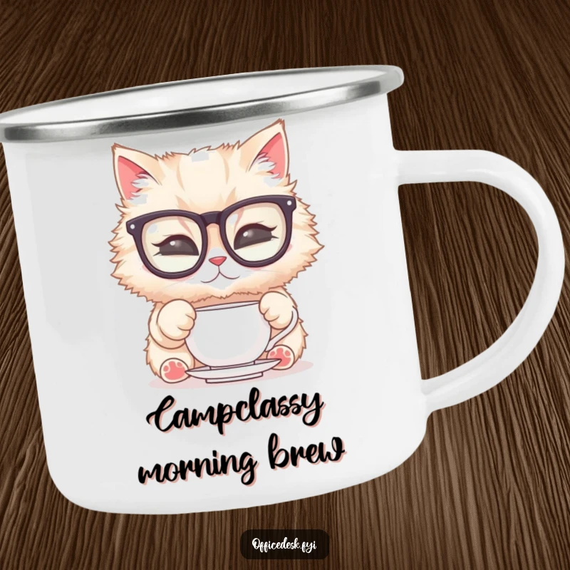 Funny Cat Glasses Camping Mug: A cat in oversized glasses polishing a teacup, perfect for enjoying coffee or tea outdoors with a humorous touch.