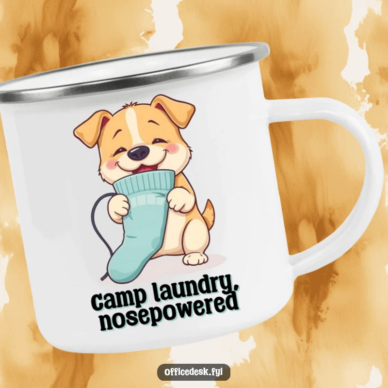 Funny Dog Ironing Camping Mug: A happy dog ironing a sock with its nose, perfect for enjoying coffee or tea outdoors with a humorous touch.