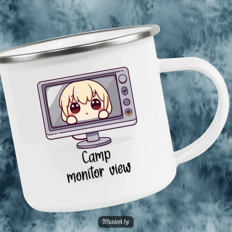 Funny Camping Mug: A character peeking with wide eyes from behind a large monitor, a humorous outdoor accessory.