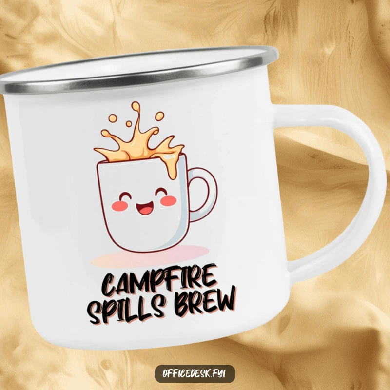 Funny camping mug featuring a cute coffee mug character happily spilling liquid, perfect for cheerful outdoor enjoyment.