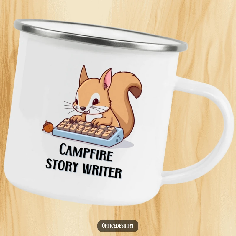 Rugged camping mug with a determined squirrel furiously typing, outdoor work humor theme.
