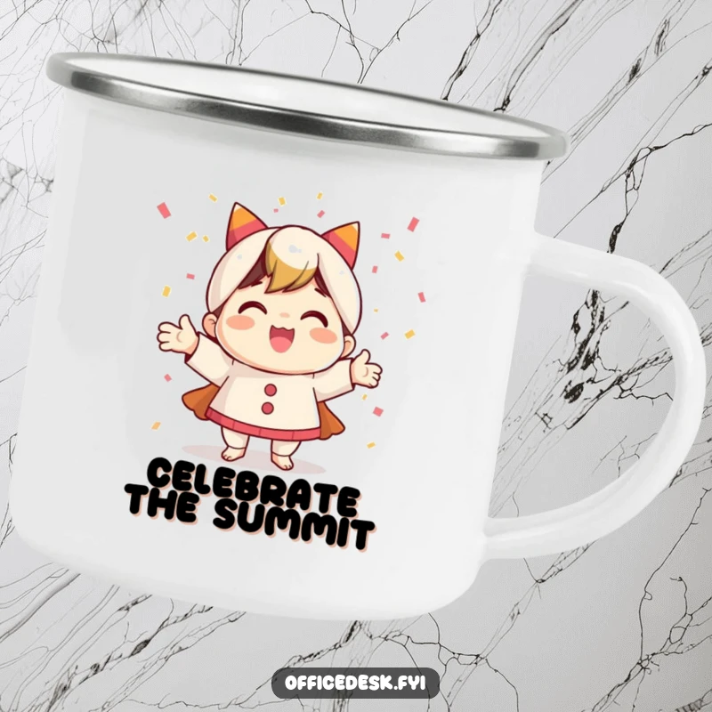 Funny camping mug featuring a happy character in a confetti storm, perfect for outdoor celebrations and commemorating adventures.