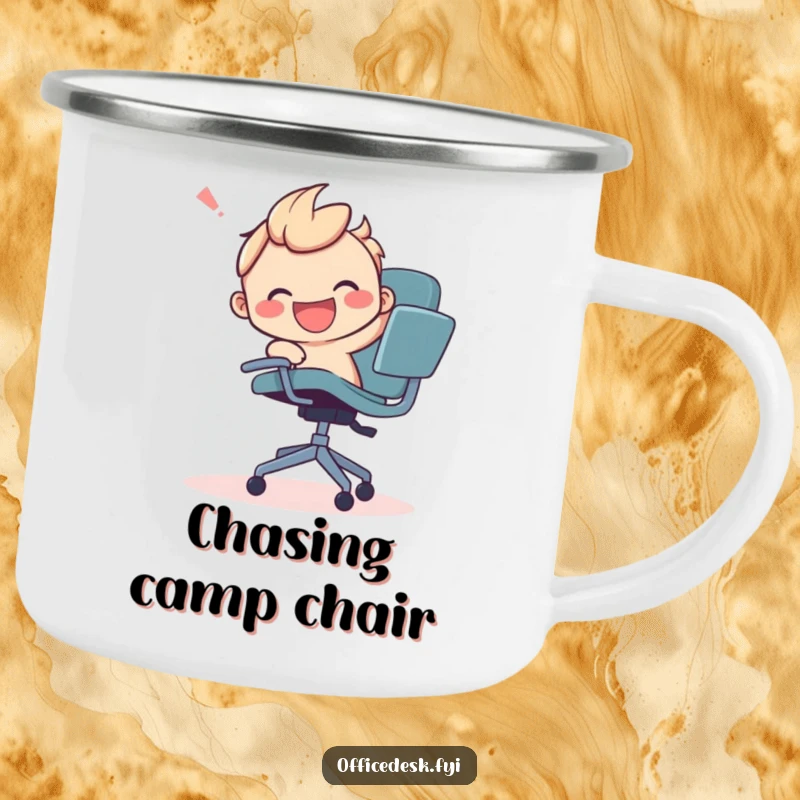 Funny camping mug featuring a smiling character joyfully wrestling a runaway office chair, ideal for outdoor playfulness.
