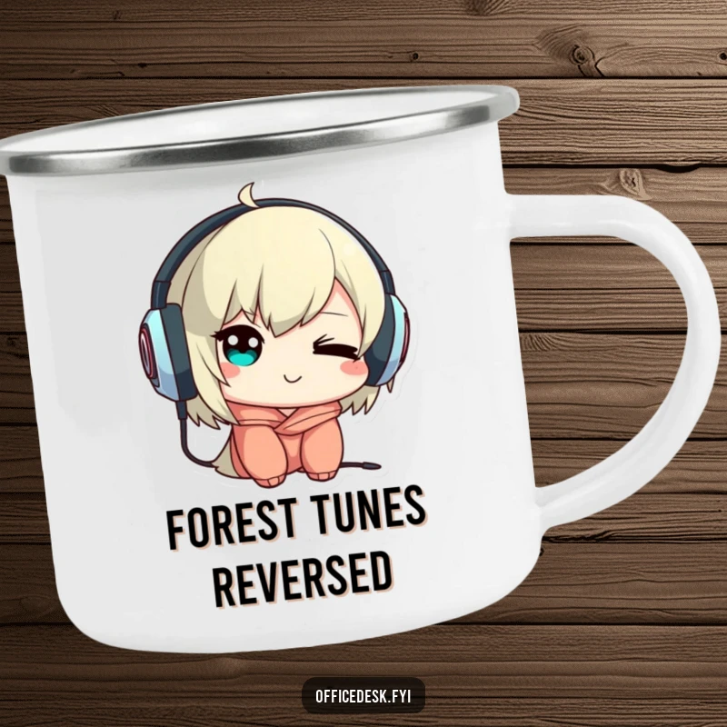 Funny camping mug with a cute character winking mischievously while wearing headphones backwards, bringing music humor outdoors.