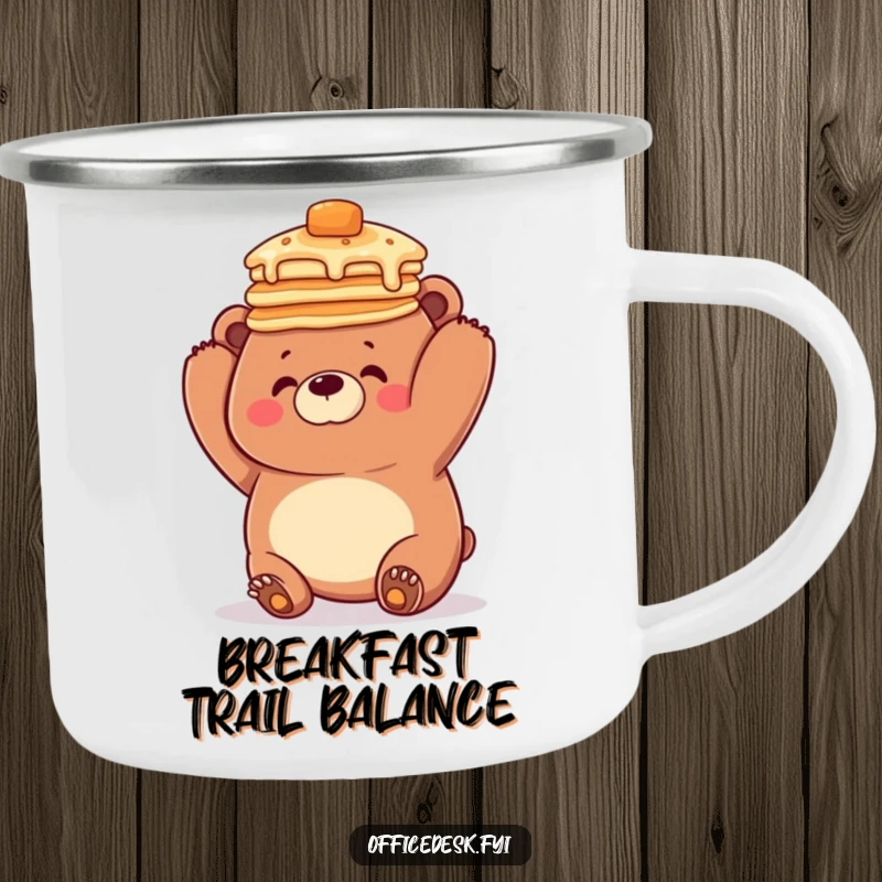 Funny camping mug featuring a clumsy bear hilariously attempting to balance a stack of pancakes on its head during an outdoor adventure.