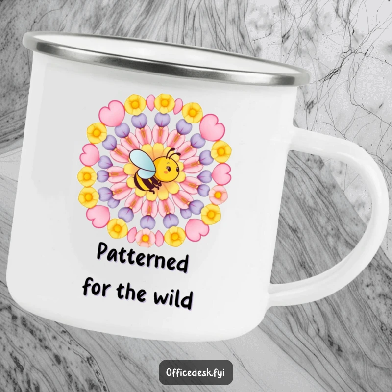 Funny camping mug with a busy bee arranging flower petals in a perfect geometric pattern, ready for any adventure with artistic focus.