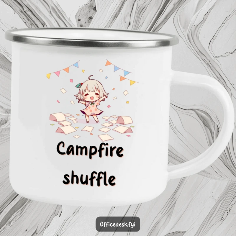 Funny Camping Mug: Character dancing energetically amidst flying papers, bringing office party humor to the great outdoors. A durable funny gift.