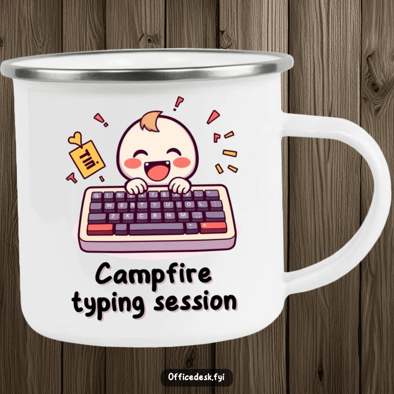 Funny Camping Mug: A tiny keyboard character happily typing a jumbled but cheerful message, perfect for outdoor tech enthusiasts.