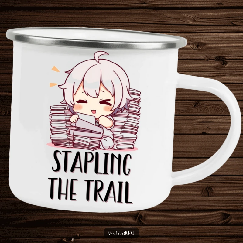 Funny Camping Mug: A character winking while stapling a large stack of papers, a humorous outdoor accessory.