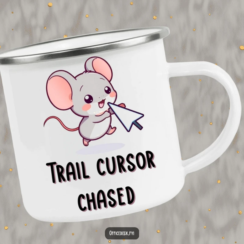 Funny camping mug featuring a small computer mouse character playfully chasing a cursor, perfect for digital nomads.