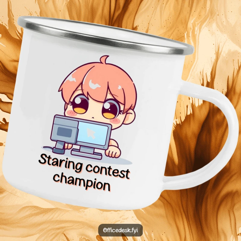 Funny camping mug with a wide-eyed character staring at a blinking computer cursor, for outdoor tech enthusiasts.