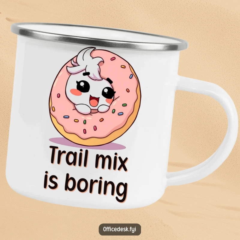 Funny Camping Mug: A cute character with a goofy smile eating a large donut, enjoying a break in an outdoor setting.