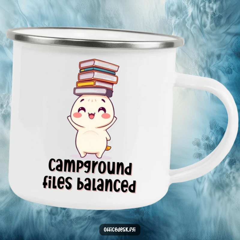 Funny camping mug showing a happy character balancing a precarious stack of files on its head, great for humorous outdoor organization.
