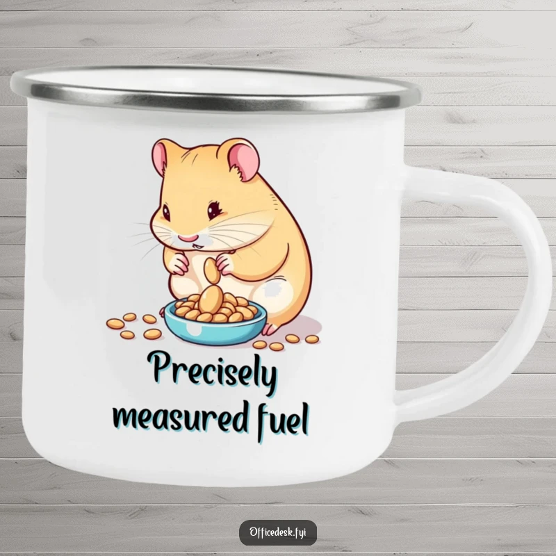 Funny camping mug with a determined hamster carefully measuring one seed on a tiny scale, ready for any adventure with precise focus.