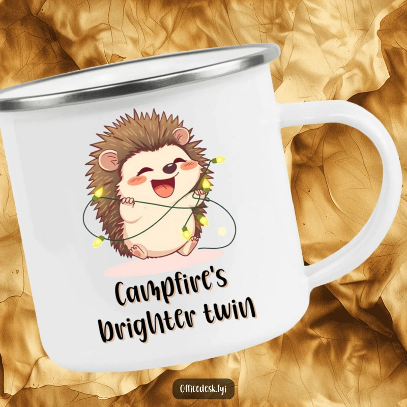 Funny hedgehog camping mug, a cute hedgehog is hilariously entangled in a string of bright fairy lights, durable and amusing.