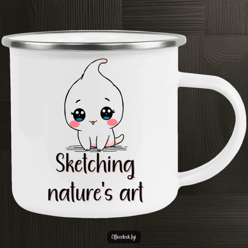 Funny camping mug featuring a kawaii pen character drawing a doodle with a flourish, perfect for creative outdoor moments.